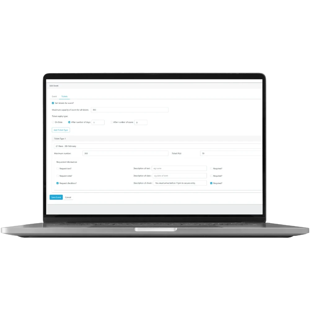 Eposbuddy dashboard on a laptop showing ticketed events setup