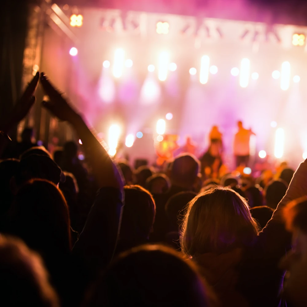 Crowds at a music festival in the bright lights of the stage
