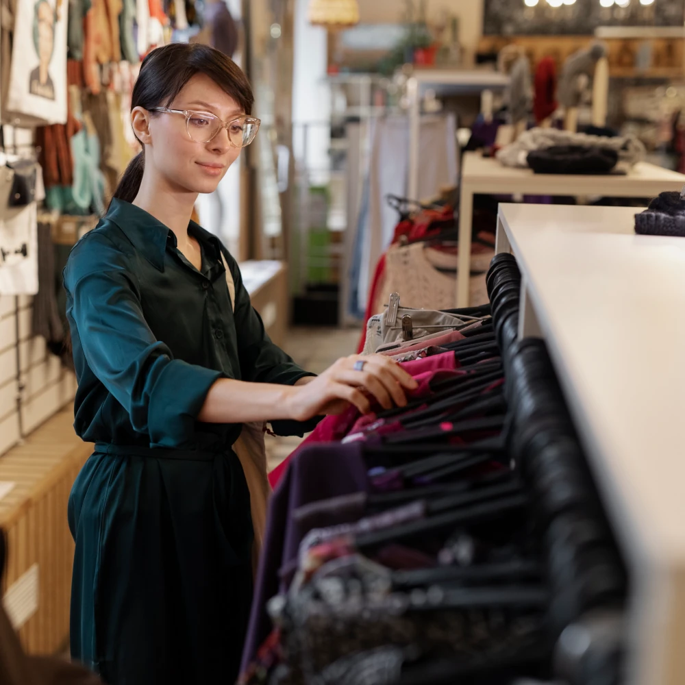 Female shop assistant arranging clothes on hangers fashion store